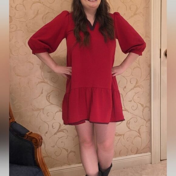 Umgee French Terry Ruffle Hem Dress with Plaid Trim Elegant Red Women's Dress sz - Picture 1 of 7
